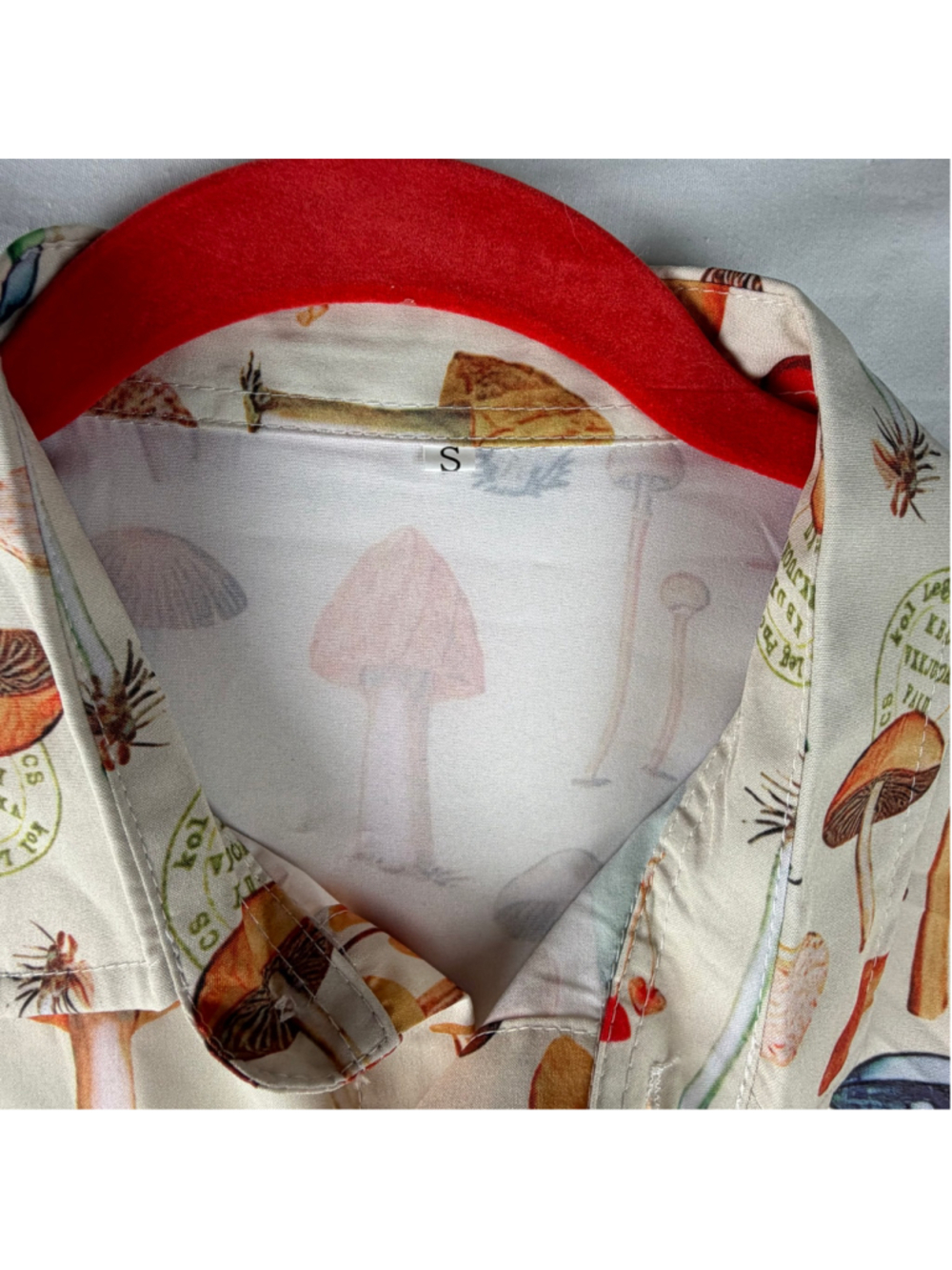 Botanical Mushroom Print Short Sleeve Button Up Shirt Men Small Fungi Goblincore - Picture 3 of 5